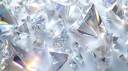 a group of glass and crystal triangles, in the style of distorted reality, white background, scattered composition, shiny/glossy
