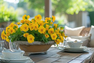 Yellow pansies in flower pot
