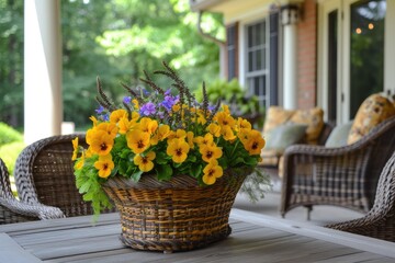 Fototapeta na wymiar Yellow pansies in flower pot