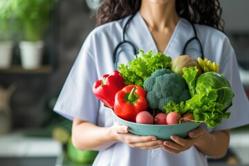 Healthy food for heart, diet concept. Doctor holding bowl with vegetables