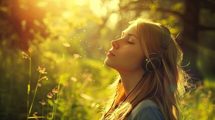 Pretty woman listen music in headphones in the garden