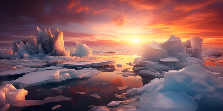 sunset over the river, Antarctic scenery HD 8K wallpaper Stock Photographic Image, 
Antarctica natural scenery with icebergs,Icebergs in the ocean at sunset with AI generated, Generative AI 

