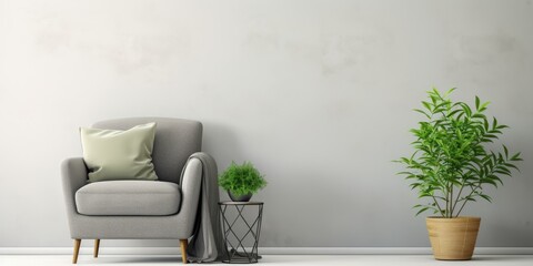 Minimal home interior design ideas featuring a vintage gray armchair with a white pillow and blanket, accompanied by a floor table holding a green potted plant against a light wall backdrop. Panoramic