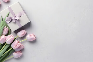 Delicate Purple Tulips and Gift Box, an Ideal Website Backdrop or March 8 Women's Day Postcard, Evoking Grace and Sophistication on a White Canvas.  Space for Your Text