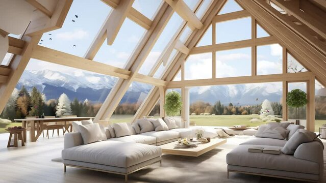 panoramic window, modern white interior design. . living room of luxury eco house parquet floor. seamless looping overlay 4k virtual video animation background
