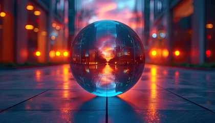 Foto op Plexiglas A holographic shape that looks like a sphere and reflects the surrounding environment © azzammusthofa