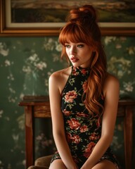 Obraz na płótnie Canvas red hair beautiful girl with styled in a sleek ponytail in shiny floral mini dress paired with a turtle neck