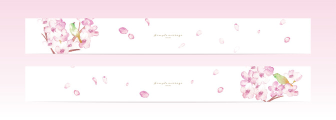 水彩画の桜イラスト。桜とうぐいすの和風ベクターデータ。春の桜柄はがきテンプレート。Watercolor illustration of cherry blossoms. Japanese style vector data of cherry blossoms and Japanese nightingale. Spring cherry blossom pattern postcard temp