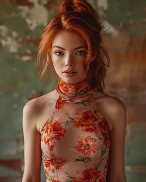 A beautiful red hair girl styled in a sleek ponytail in shiny floral mini dress paired with a turtle neck