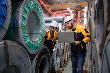 Skilled manager on job training latin technician working in steel sheet production factory....