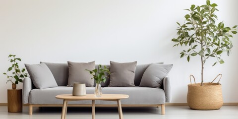 Living room with grey sofa, wooden coffee table, houseplant, and wicker basket.