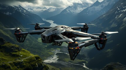 Autonomous military drone conducting surveillance over a mountainous region