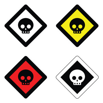 set danger colors shapes skull warning sign of caution hazard traffic toxic poison icon symbol vector flat badges emblems design for website mobile isolated on white Background