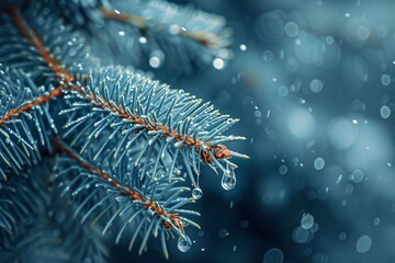 Blue spruce with drops of snow melting macro - obrazy, fototapety, plakaty