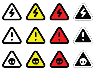 set danger triangle various different colors skull electrical volt alert warning sign of caution hazard traffic icon vector flat design for website mobile isolated on white Background