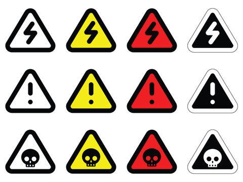 set danger triangle various different colors skull electrical volt alert warning sign of caution hazard traffic icon vector flat design for website mobile isolated on white Background