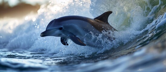 The close-up photo showcases the dolphin's movements and features, as it emerges from a wave and creates a splash.