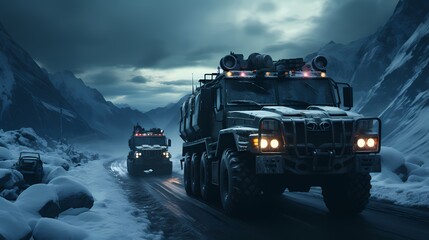 A convoy of AI-driven supply trucks, navigating a treacherous snowy terrain, as they transport vital equipment to a remote military outpost in a strategic Arctic region - obrazy, fototapety, plakaty