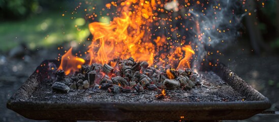 Nature's gas burner sparks and ignites an old rusty iron barbecue, causing coals to flare up on a day off. - obrazy, fototapety, plakaty