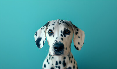 Dalmatian dog on the solid emerald background. 