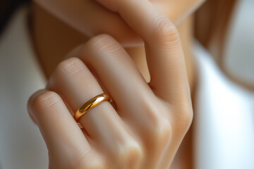 Finger wearing a gold ring. - 725251912