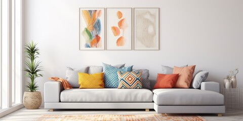 Bright living room interior with a grey corner couch, three patterned pillows, painting, and white rug.