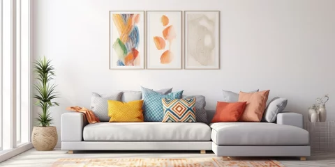Fotobehang Bright living room interior with a grey corner couch, three patterned pillows, painting, and white rug. © Vusal