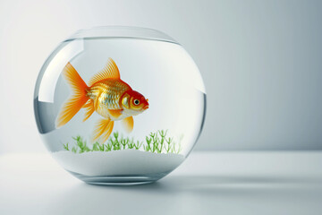 Single beautiful bright small goldfish swimming in round glass bowl aquarium.