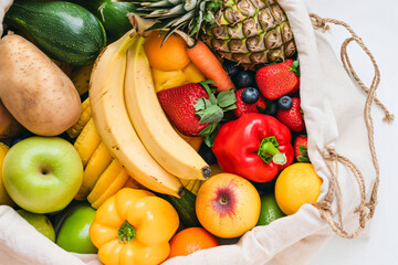 photo top view vegetables and fruits in bag