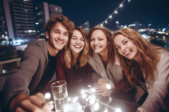 Group of friends taking a selfie photo with mobile phone on rooftop terrasse using flash at night time. AI Generative