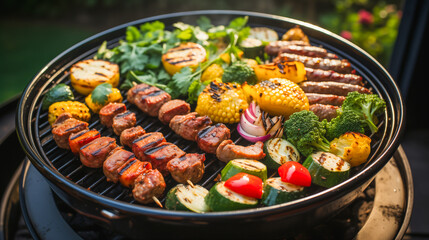 Grilling chicken and vegetables on a charcoal BBQ grill outdoors, view from above