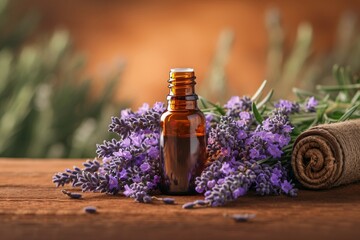 bottle of essential oil and lavender flowers arranged