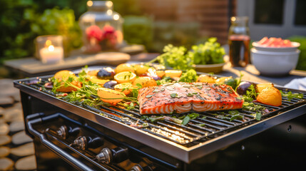 Obraz premium Barbecue outdoors in the garden. Salmon steak and vegetables on a stainless grill close-up.