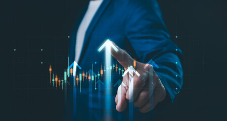 Hand holding finger point growth business strategy arrow concept on success target improvement with...