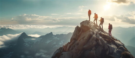 Background with a team of four rock climbers reaching summit, conquering rocky mountain top, and savoring breathtaking scenery of beautiful landscape view - obrazy, fototapety, plakaty