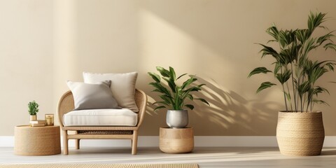 Fototapeta na wymiar Elegant accessories complement a stylish, minimalist living room featuring a rattan armchair, black coffee table, and a tropical plant in a basket. Beige macrame decorates the wall, which is painted
