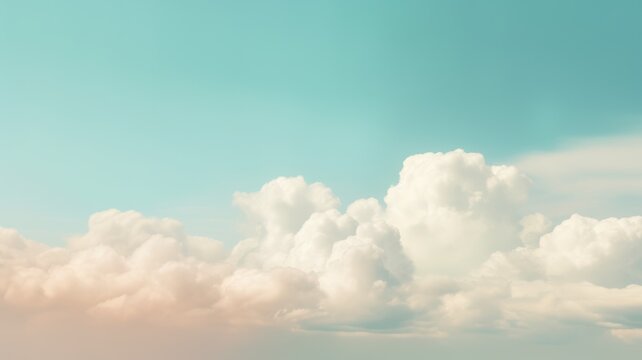 Beautiful sky on colorful gentle light day background. Sunny and fluffy clouds with pastel tone and idyllic teal agreen color backdrop. Picturesque generative ai