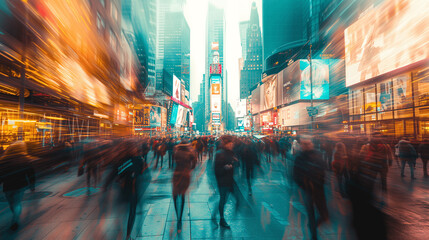 Kinetic Energy of Times Square: Pedestrians and Light Trails at Twilight - obrazy, fototapety, plakaty