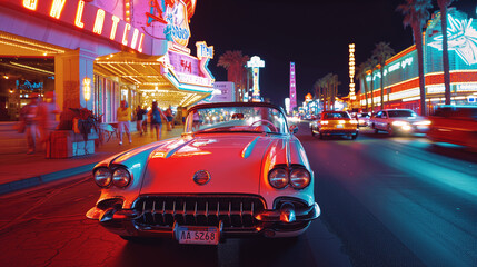 Vintage Red Corvette on Las Vegas Strip at Night - obrazy, fototapety, plakaty