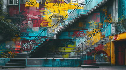 Obraz na płótnie Canvas Graffiti-Clad Stairway in an Urban Alley