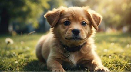 Young cute puppy dog playing on the grass from Generative AI
