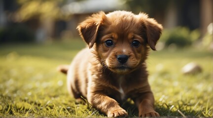 Young cute brown puppy playing on the grass from Generative AI