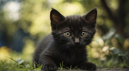 Young cute black kitten playing on the grass from Generative AI