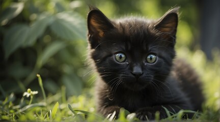 Naklejka na ściany i meble Young cute black kitten playing on the grass from Generative AI