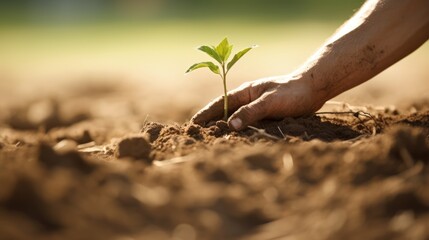 Farmer planting seedlings in the field, close up of hands