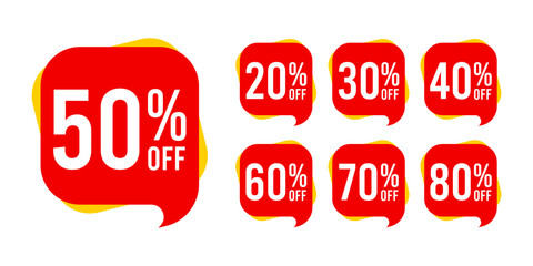 Sale discounts label starting from 20, 30, 40, 50, 60, 70, 80 percent. Trendy red sales promotion banner element. Vector illustration