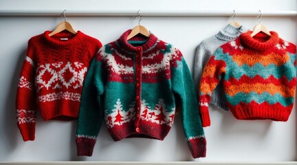 Colorful knitted Christmas winter holiday ornated sweater clothes knitwear on white background from Generative AI