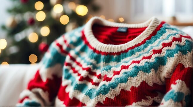 Colorful knitted Christmas winter holiday ornated sweater clothes knitwear on white background from Generative AI