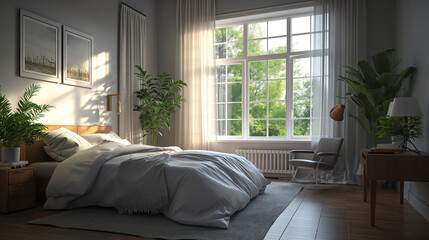 Cozy bedroom interior in home mockup 3d rendering. Generative AI