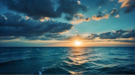 Obraz premium Blue ocean water surface with horizon and a sunset cloudy sky from Generative AI